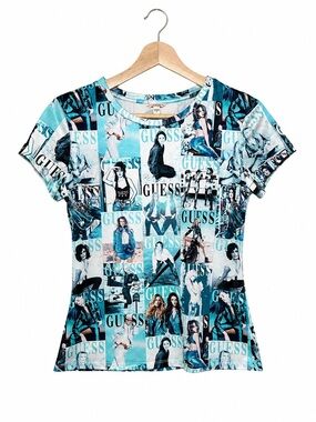 GUESS Y2K Collage Baby Tee S Graphic Blue Collage Print Fitted T-Shirt